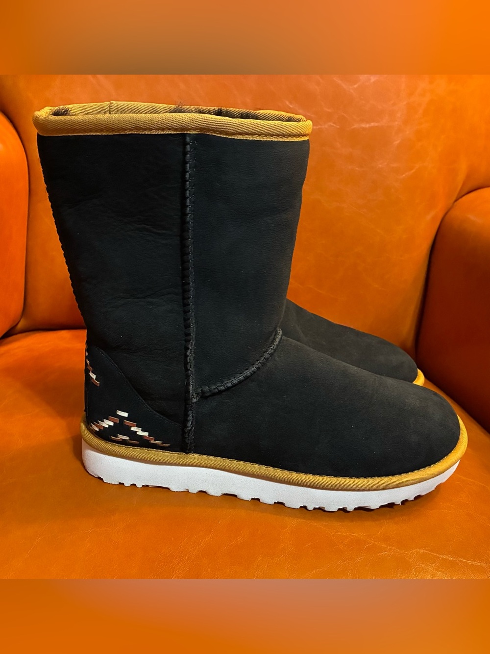 UGG Size 7 Classic Short Rustic Weave Boots Black Suede